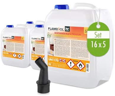 FLAMBIOL Bioéthanol 96,6% Premium 16 x 5 L - pour Cheminée de Table, Cheminée & Décoration de Jardin - sans Fumée ni suie - A Base de maïs & de Betteraves