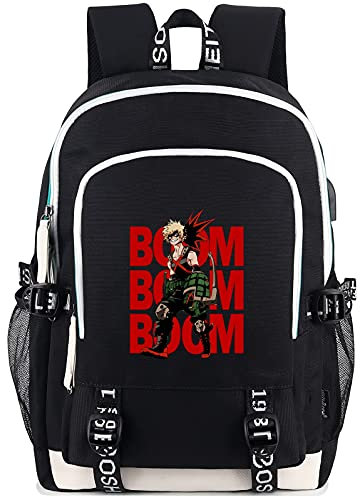 Roffatide Anime My Hero Academia Bakugo Boom Boom Boom Laptop-Rucksack mit USB-Ladeanschluss und Kopfhöreranschluss