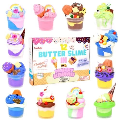 ToysButty Butter Slime Schleim Kit für Kinder, 12er-Pack, Eiscreme Fluffy Slime selber Machen Schleim Set, 21 Zubehör, Spielzeug Duftende Knete, DIY Slime Geschenk für Mädchen und Jungen