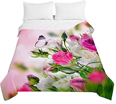 Chickw1 Tagesdecke Bettüberwurf Steppdecke, 3D Rose Blume Drucken Sommer Tagesdecken mit Präge Wohndecke aus Mikrofaser Gesteppt Bettdecke für Einzelbett Doppelbett (Schmetterling,150x200cm)