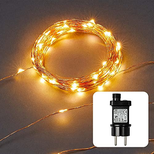 hellum LED Lichterkette außen Kupferkabel 100 warm-weiße LED beleuchtet 19,8m Lichterkette mit Timer+Trafo+Aufrollhilfe für Kinderzimmer Garten Balkon Party Hochzeit Weihnachten Innen+Außen 578904
