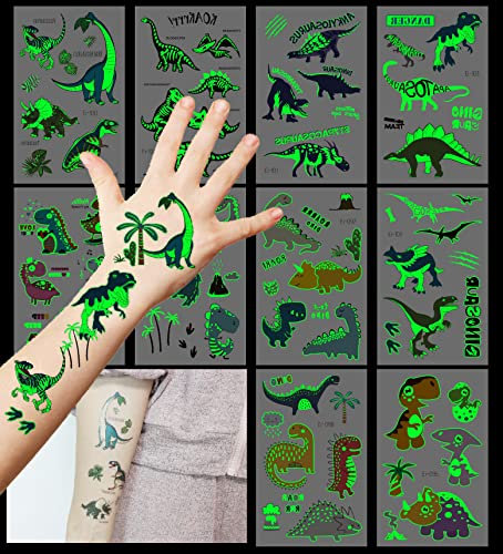 Dino Tattoo Kinder,Leucht Dinosaurier Tattoo Jungen,Temporäre Tattoos Set 10 Blätter,Leuchtender Dinos Tattoos Kinder Aufkleber für Party Spielen Kindergeburtstag Mitgebsel
