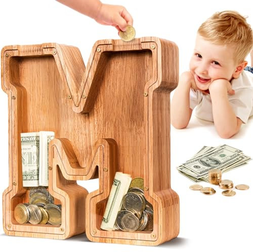 Summidate Spardose für Kinder Junge, Personalisiert Holz Großes Sparschwein, Unzerbrechliches Buchstabe A-Z Sparbüchse für Kinder Mädchen, Erwachsene, Geschenk&Dekoration