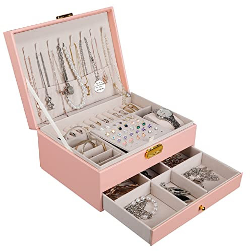 YOCOLE Portagioie Donna, 2 Livelli Porta Gioielli da Viaggio Ragazza in Pelle PU, Grande Gioielli Scatola Organizer per Anelli, Orecchini, Collane, Orologi, con Serratura e Chiave, Rosa