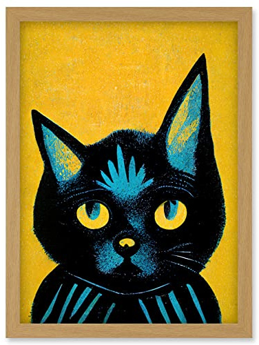 Wee Blue Coo Quirky Bold Black Cat Yellow Blue Artwork Framed Wall Art Print A4