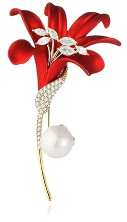 JadeAngel Elegante Lilien-Brosche für Damen, modische rote Brosche mit Kunstperlen, Blumenstrauß, Brosche, Schmuck, Messing, Zirkonia