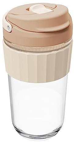 Leak-proof Glass Coffee Mug with Lid Lock, 17 oz Reusable Coffee Cup with Handle, BPA-free, Microwave and Dishwasher Safe (Milk Chocolate)