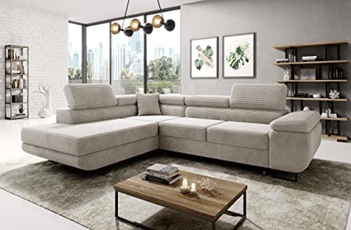MODERNO Ecksofa mit Schlaffunktion aus Cord - Big Sofa ASTORP - Couch L Form - Schlafsofa mit Bettkasten und Kopfstützen - 277x203x100 cm - Links - Creme - Poso 100