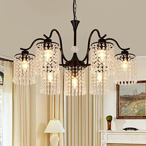 Ganeed Moderne Kristall Kronleuchter Matt Metall Vintage Französisch Landhaus Stil Lampe Hängende Hohe Verstellbare Deckenleuchte Mit Pendel Wasser Tropfen Lampenschirm Schwarz 7 Lichter