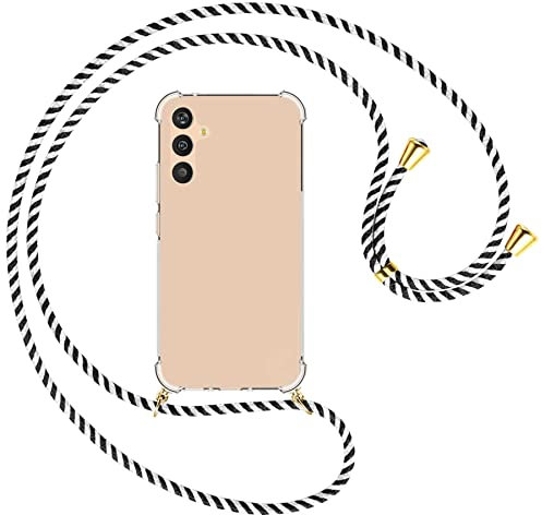 mtb more energy® Handykette kompatibel mit Samsung Galaxy A34 5G - Black & White/Gold - Smartphone Hülle zum Umhängen - Anti Shock Full TPU Case