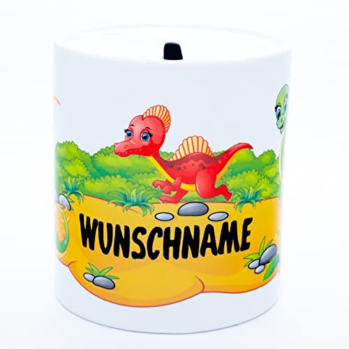 Dinosaurier Spardose mit Namen personalisiert Dino Sparbüchse Kinder Sparschwein Sparkasse Kinderspardose Taschengeld Geburtstag Geschenk Taufe Jugendweihe Junge Mädchen Baby Geldgeschenk Keramik Weiß