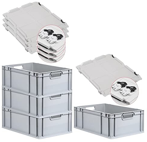 PROREGAL SuperSparSet 4x Eurobox NextGen Grip mit Scharnierdeckel und schwarzen Schiebeschnappverschlüssen, HxBxT 22x40x60cm, 44 L, Grau, Griffe offen, Eurobehälter, Transportbox
