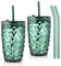Joeyan 430ml Glass Tumbler with Straw and Lid Set of 2, Green Crystal Ribbed Glass Cup Drinking Glasses for Iced Coffee Smoothie Juice Beverages, Portable Drinking Jar, Dishwasher Safe