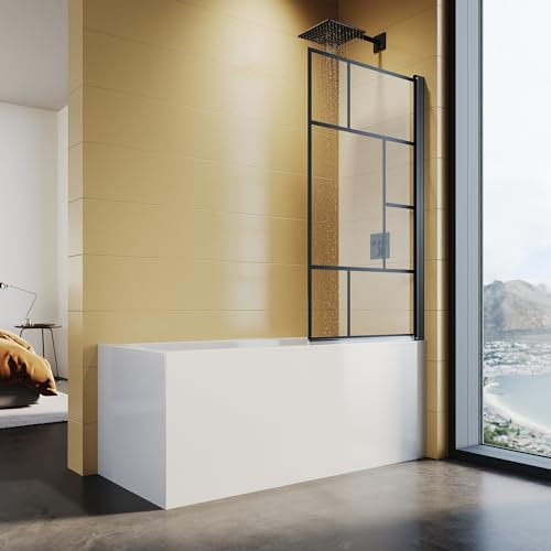 SUNXURY Mampara de ducha para bañera, 80 x 140 cm, mampara de ducha con diseño de rejilla negra mate de 6 mm
