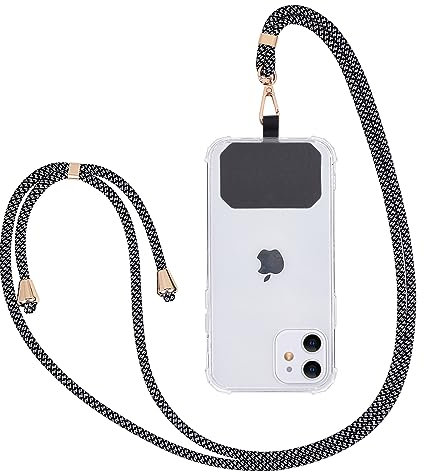 Fycyko Cordon Telephone Portable Cordon Tour de Cou Collier Laniere Réglable Sangle de Suspension Téléphone Portable Bandoulière avec Patch Compatible avec Tous Les des Smartphones - Noir Gris