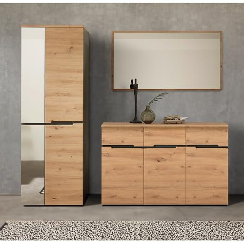 Lomadox Garderoben Set modern Wandspiegel Sideboard Garderobenschrank in Artisan Eiche Nb. mit Graphit