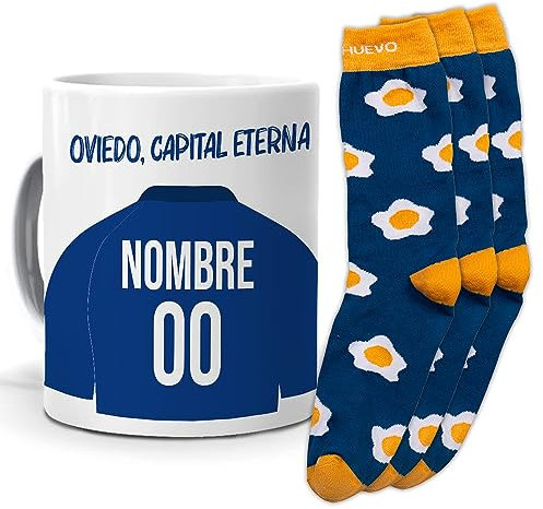 mundohuevo Regalo Original Equipo de Futbol. Taza (Personalizada) y Trio de Calcetines. Oviedo. Personaliza la Taza con el Nombre y Numero Que Quieras