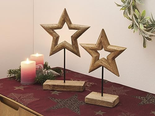 Dekoleidenschaft 2X Weihnachtsdeko Stern aus Mango-Holz, 25 + 31 cm hoch, Dekofigur, Fensterdeko, Sternendeko, Adventsdeko, Dekostern, Holzdeko