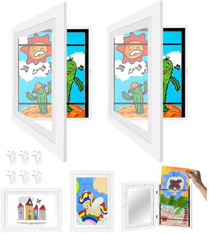2 Stück Kunstfotorahmen für Kinder,A4 Scharnierter Bilderrahmen Holz,Frontöffnung für Kunstwerke,Befüllbar Fotorahmen zum öffnen,Ideal für Kunstprojekte,Kinderzeichnungen,Schule,Zuhause oder Büro,weiß
