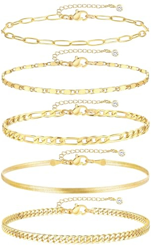 iF YOU Gold Ankle Bracelets for Women, 14k Gold Plated Waterproof Cuban Link Chain Anklets Set, Layered Anklet Bracelets for Women Beach Gift Adjustable Size 5pc
