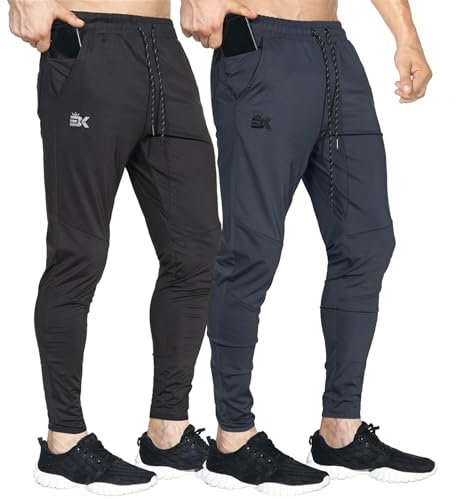 BROKIG 2er Pack Leichte Jogginghose Herren Fitnessstudio Trainingshose Slim Fit Sporthose Lang mit Taschen (Schwarz-Dunkelgrau,M)