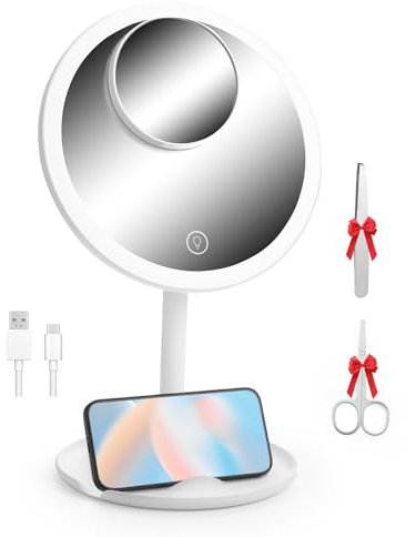 OTraki Cosmetic Mirror with Lighting 1X/10X Magnification, Rechargeable Magnification Mirror with Light, LED Round Mirror with USB Cable, Makeup Mirror with Lighting, Mirror with Light, White
