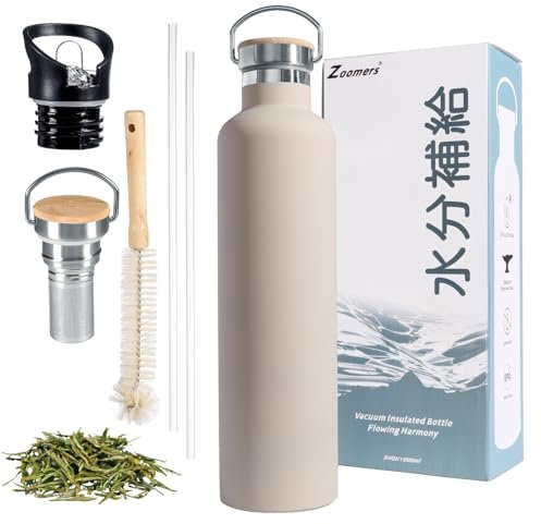 Zoomers Gourde Isotherme 1L en Acier Inox avec Paille. Bouteille Isotherme 1L avec 2 Bouchons + Infuseur à Thé + Brosse sans BPA. Thermos Isotherme 1 L pour Sport, Bureau, Randonnée