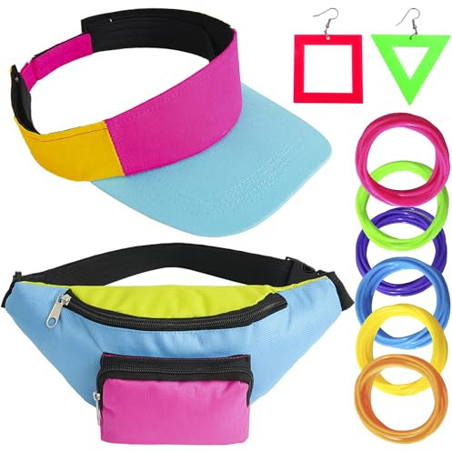 Peirich 80er 90er Jahre Outfit Set, Hip Hop Kostüm Set Enthält Gürteltasche, Armband, Sonnenschirmmütze, Ohrring, 80er Jahre Kleidung Kostüm Neon Accessoires Thema Party Karneval Damen Frauen