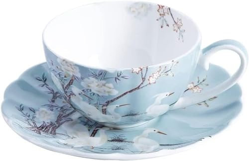Cups,Mugs, Ceramic Tea Cup And Saucer Set,Coffee Mug, 8oz Blue Fine Bone China Coffee Cup With Saucer,Colored Flowers,White Crane Porcelain Tea Cup And Saucer