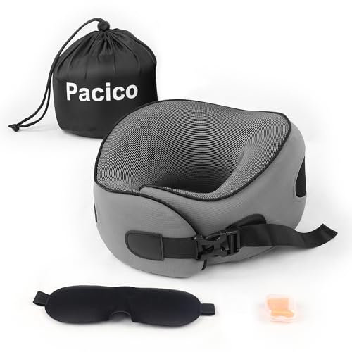 Pacico Reisekissen, Nackenkissen, 100% Reiner Memory-Schaum, Schlafkissen für Auto, Zug und Flugzeug, Reiseset mit 3D-konturierten Augenmasken und Ohrstöpseln, Dunkelgrau