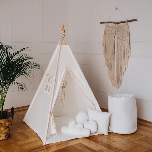 HOMECHIC Kinder Tipi Teepee Spielzelt Wigwam Baumwolle Weiß Creme Boho Pompons Bodenmatte 3 Kissen 110x110x150cm Traumfänger Premium Spielzeugkorb