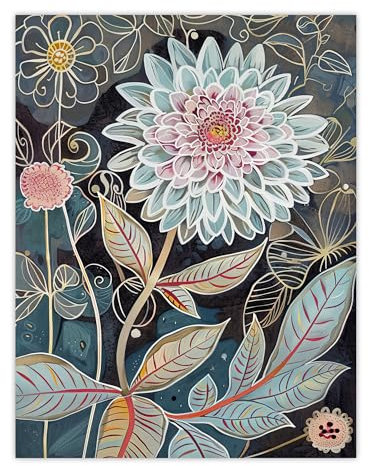 Artery8 Dahlia Flowers Artwork Dark Enchanted Floral Living Room Extra Large XL Wall Art Poster Print