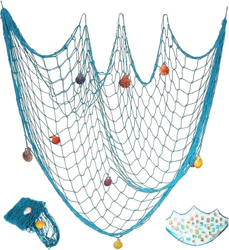 YSTrillion Fish Net Décor Blue, Fischernetz Deko,Muscheln Deko Netz,Dekoratives Fischernetz im Mediterranen Stil mit Farbigen Muscheln für Heimdekoration,Themenbar 100 x 200 cm (Grün)