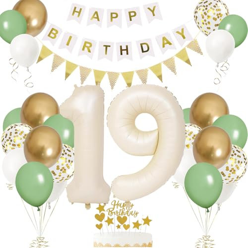 19. Geburtstag Deko Beige, Luftballon Creme, Weiß, Folienballon 19, Mädchen 19 Jahre Deko Sandweiß, Zahl 19 Helium Ballons Salbeigrün Weiß für Party