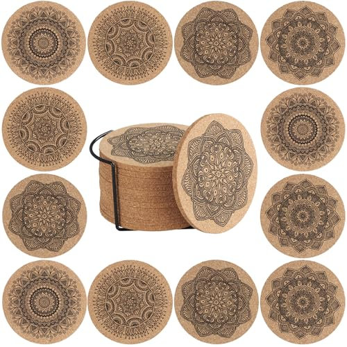 volumoon Dessous de Verre en Liège, 12 Pièces sous-Verres Ronds en Liège avec Support en Métal, Réutilisable Tapis de Tasse pour Boissons, Dessous de Verre Antidérapants pour Bureau, Bar, Restaurant