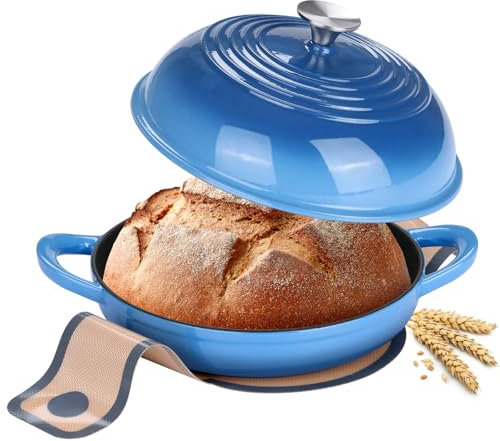 Leonyo Horno de pan, hornos de pan para hornear pan, olla holandesa de hierro fundido esmaltado con tapa para hornear pan, horno holandés redondo de 6 cuartos de galón con alfombrilla de silicona para