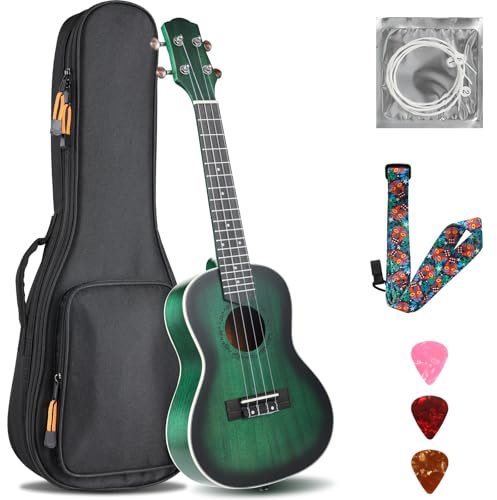 Ukulele Adulti Bambini, Ukulele Soprano da 23 Pollici, Ukulele Concerto Artigianale, Chitarra Hawaiana in Legno di Mogano con Plettri a Tracolla Professionale Borsa, Ukulele Bambini da 6 Anni, Verde