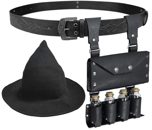 EpicCos 3PCs Hexenhut Alchemie Gürteltasche mit 4 Kork Zaubertrank Fläschchen, Fantasy Renaissance Zauberer Gürtel Zubehör für Ren Faire (Schwarz A)