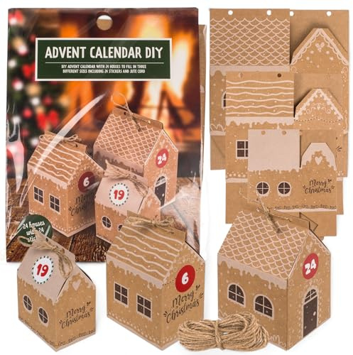 MIJOMA DIY Adventskalender zum Befüllen – 24 Weihnachts-Häuschen in 3 Größen, mit Zahlenstickern & Jute-Kordel, perfekte Weihnachtsdeko