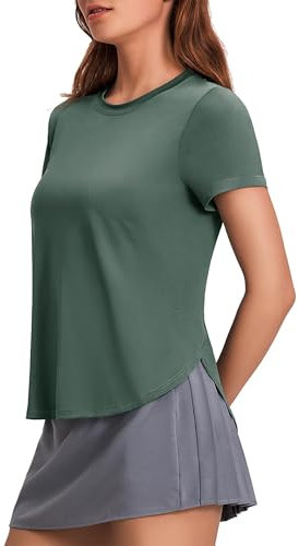 PINSPARK Sportshirt Damen Kurzarm Sport T-Shirt UPF 50+ Sonnenschutz Shirt Schnelltrocknend UV Shirt Laufshirt Seite Split Funktionsshirt Fitness Sport Oberteile M Armeegrün