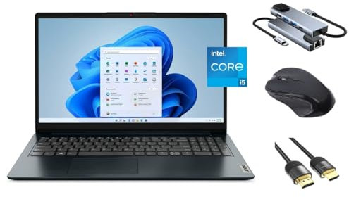 Lenovo IdeaPad 15.6 FHD Laptop, 10-Core i5-1235U, 8GB RAM, 256GB SSD, WiFi 6, Webcam, KeyPad, HDMI, Bluetooth, SD Card Reader, USB-C, 3 en 1 Essential Bundle, Teclado de US, Win 11