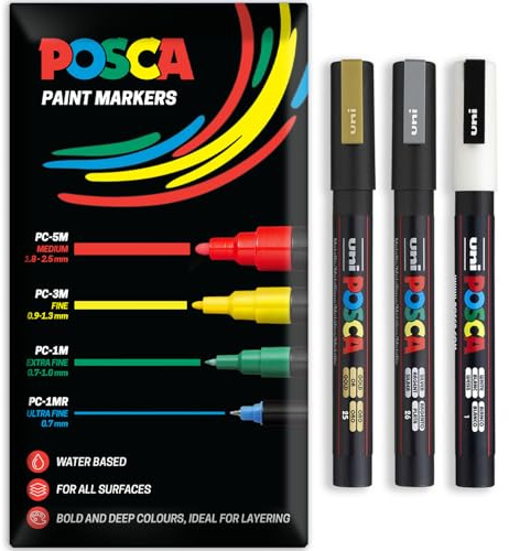 Posca Water Based Acrylic Paint Marker Pens | Multi Surface Use Permanent Paint Pen | Pack of 3 Pens in Envelope Gift Packaging | Glass, Fabric, Canvas, Wood etc | PC-3M, Gold, White, Silver