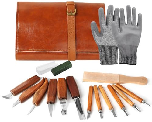 17pcs Schnitzmesser Set Holzkleinbildhauer-Kit für Anfänger - Sicher und einfach-Vollständige Werkzeugauswahl mit Handschuhen Werkzeugtasche