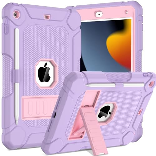 TOPWANT Case for iPad 9th 8th 7th Generation (10.2 inch, 2021/2020/2019), Shockproof Protective iPad 10.2 Case with Built-in Stand/Pencil Holder, Light Purple+Pink
