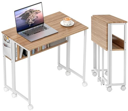 HOMCOM Folding Desk with Storage Shelf and Bag, 80 cm Foldable Computer Desk for Small Spaces, Space Saving Writing Table on Wheels for Home Office, Bedroom, Easy Assembly, Natural Wood Finish