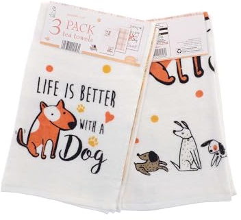 COUNTRY CLUB 100% Cotton Pack of 3 Life is Better with a Dog Design Velour Kitchen Tea Towels
