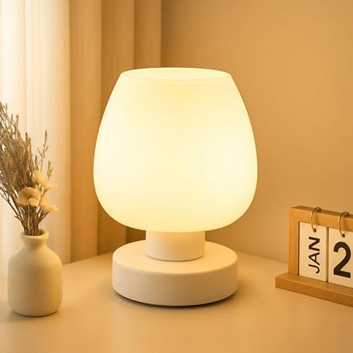 Y.H BLISSHAVEN Modern Touch Table Lamp – White Globe Opal Glass Lamp Shade, 3-Level Dimmable Warm LED Bulb, Compact Desk or Bedside Lamp, Metal Base, Indoor Home Decor (Pack of 1)