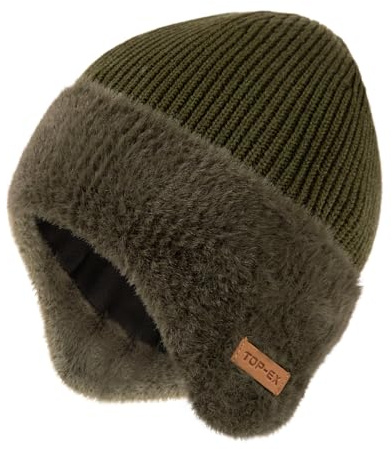TOP-EX Herren mütze Merino Wollmütze Damen Beanie mit Ohrenklappen Wintermütze Warm Strickmütze mit Fleecefutter hat Wasserdicht Winddicht Wolle hat Fahrrad Ski Outdoor große Köpfe XL/XXL Olivgrün