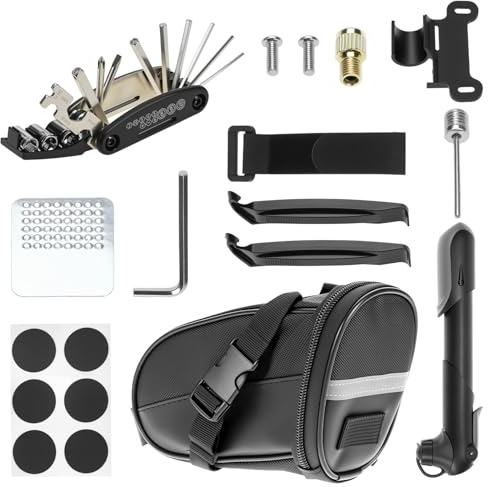 QWORK® Juego de Reparación y Herramientas 15 Piezas para Bicicleta con Bolsa de Sillín y Mini Bomba