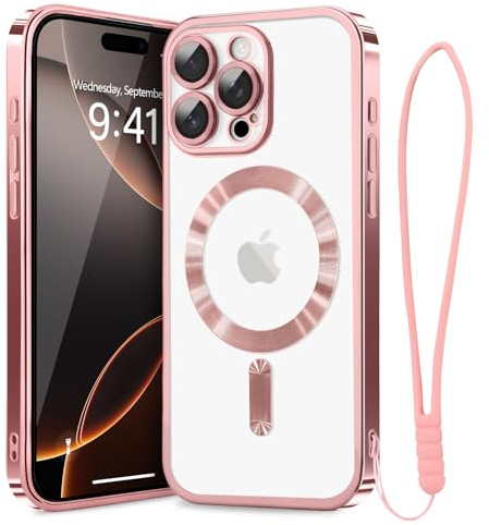 Ethanger Magnetic Case for iPhone 16 Pro, Plating Frame, Pink | Compatible with MagSafe, with Camera Lens Protector, with Wrist Strap, Luxury Bling Shockproof Bumper, for Women Girls